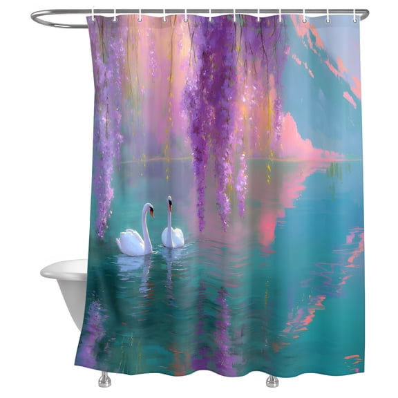 Swan Shower Curtain, Oil Painting Spring Wisteria Gradient Pink Green Lake Lightweight Waterproof Fabric Shower Curtain with Rustproof Grommets for Bathroom Bathtub 60x72in