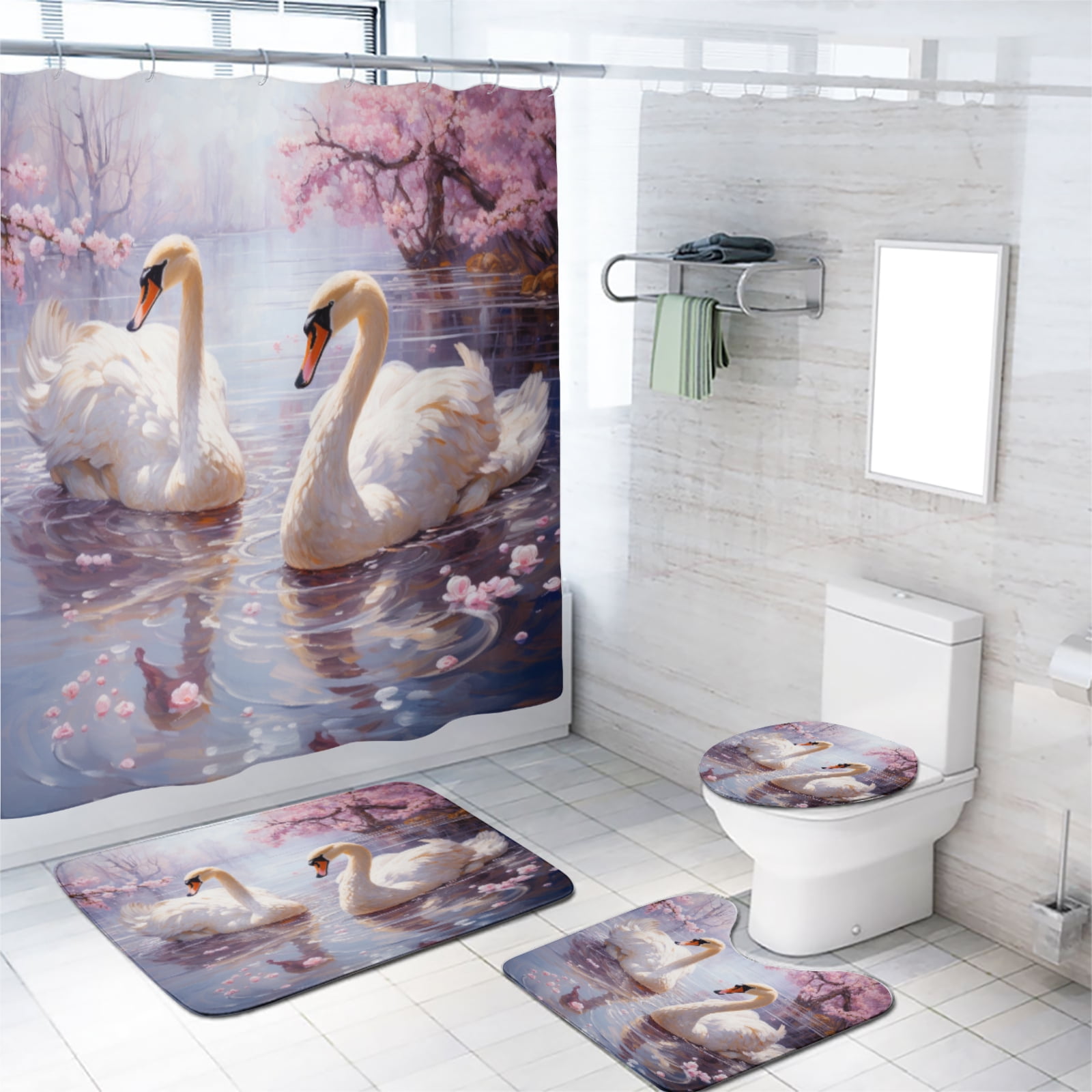 Swan Shower Curtain Set with Rugs Watercolor Spring Cherry Blossoms Dreamy Lake Romantic with Toilet Lid Cover, Bath Mat, Shower Curtains for Bathroom Rug Set, 72x72 Inch