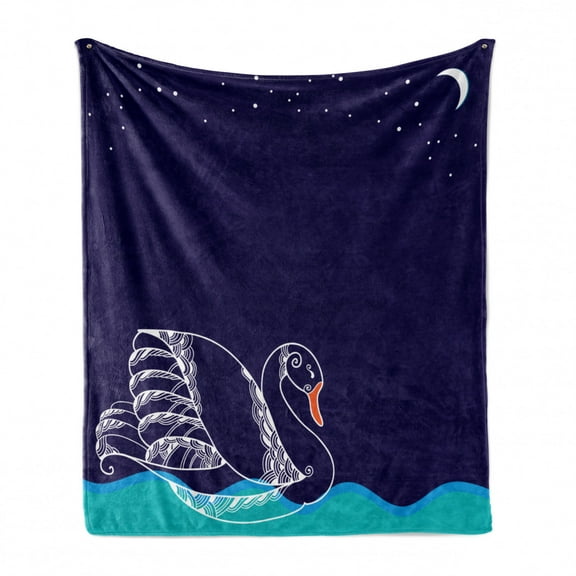 Swan Soft Flannel Fleece Blanket, Silhouette of Big Winged Swan Floating on Waves in Lake Dark Starry Night Graphic Art, Cozy Plush for Indoor and Outdoor Use, 50" x 70", White Blue, by Ambesonne