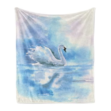Swan Soft Flannel Fleece Blanket, Watercolor Drawing Picture of Swan in the River Hazy Color Aqua Concept Picture Print, Cozy Plush for Indoor and Outdoor Use, 50" x 60", Blue White, by Ambesonne