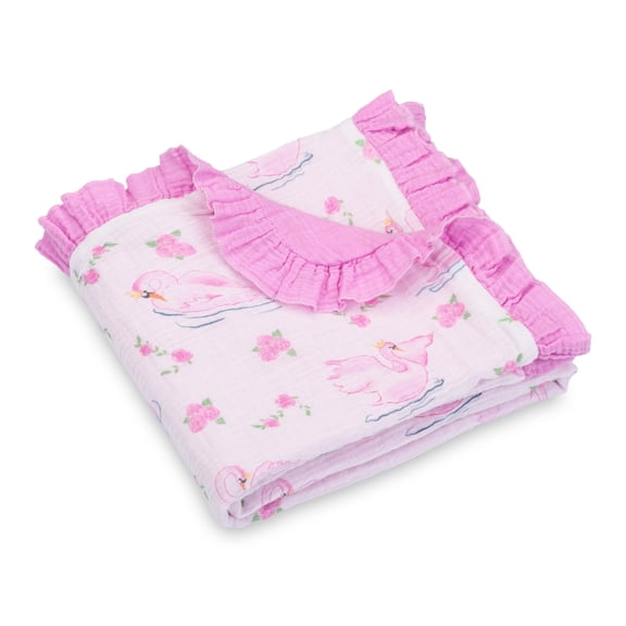 LollyBanks Baby Girl Ruffle Blanket, Organic Cotton Muslin Infant Quilt, 40 x 36 in, Swan Print