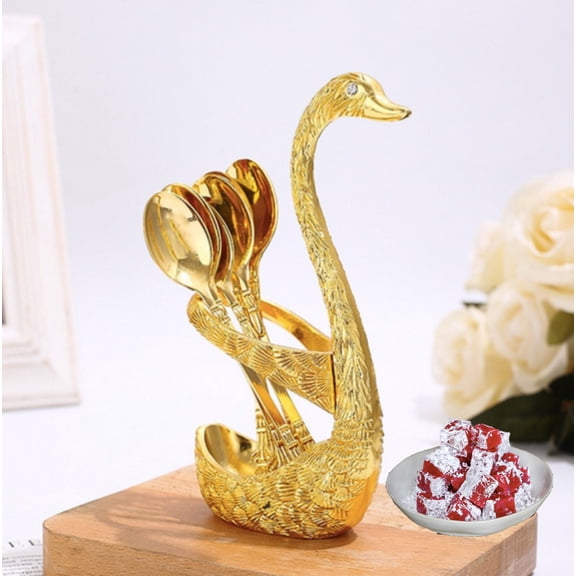 Swan Spoon Decorative Creative European-style High-end Mini Stainless Steel Spoons Dessert Set with holder Light Luxury Baklawa/Coffee/Dessert Spoon Cutlery Flatware Modern Decor 7 PCS/Set (Gold)