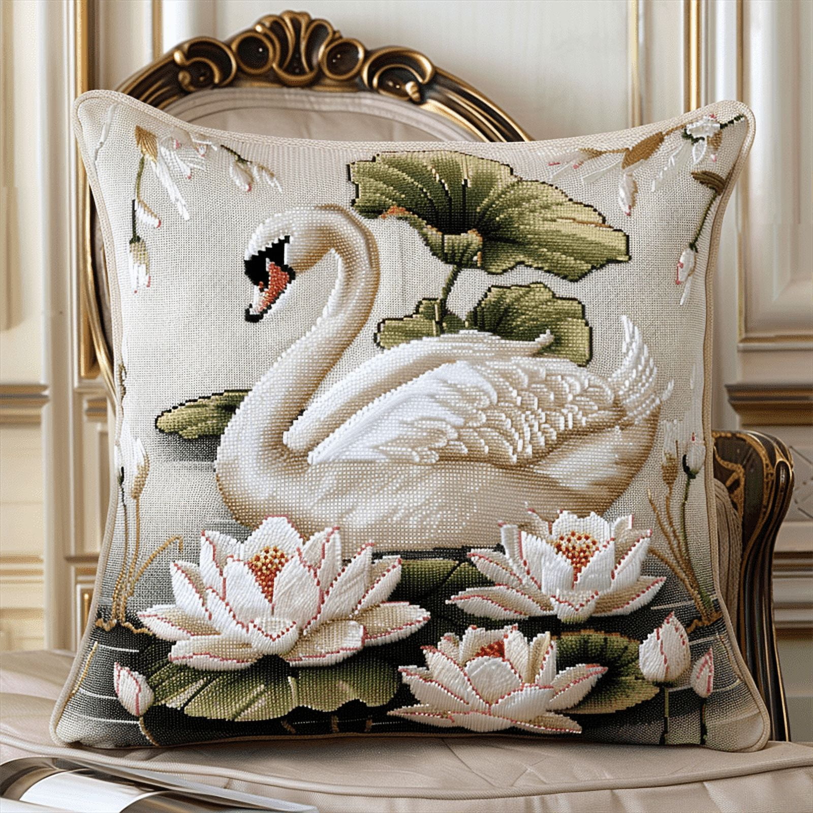 Swan Stamped Cross Stitch Pillow Case Kits for Adults , 45X45cm , DIY Handmade Embroidered for Home Decor (11ct)