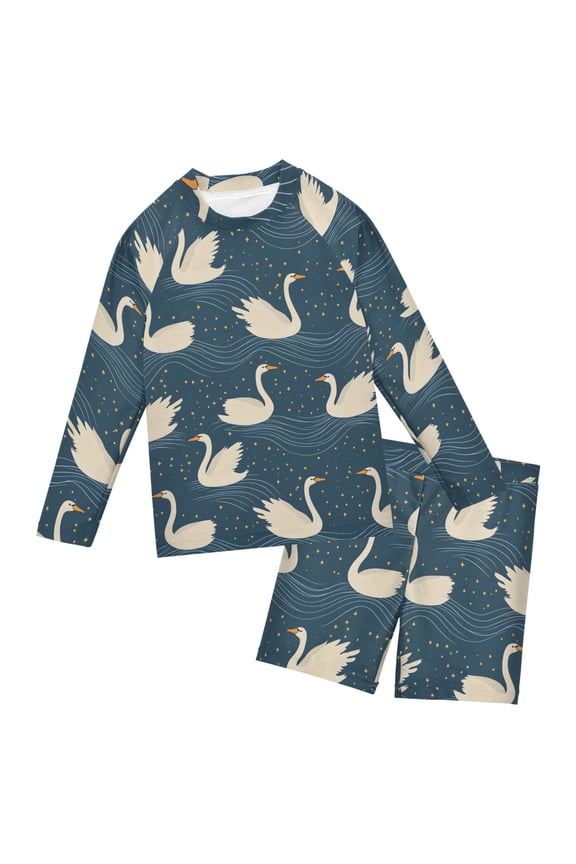 Swan Starry Night Pattern Boys' Bathing Suit UPF 50+ Boys' Rash Guard Sets Stretchy Quick Dry 3T-10T