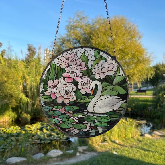 Swan Swimming in a Pond Glass Suncatcher, Coquette Wall Decor, 3.5 in