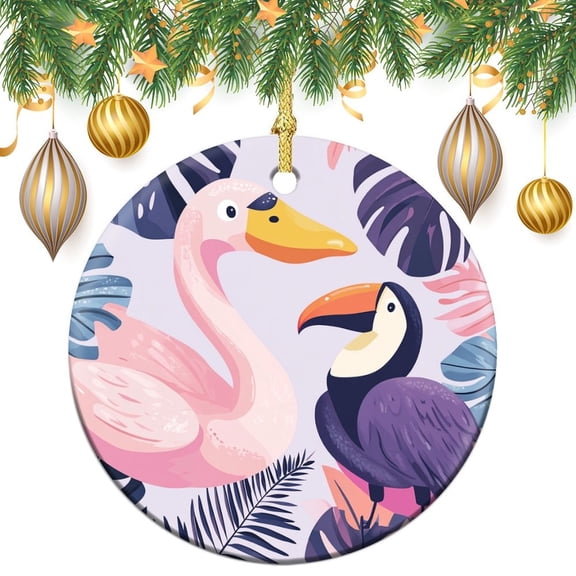 Swan And Toucan with Tropical Leaves Ceramics Ornaments Summer Tropical Birds Keepsake Ceramic Ornament Best Gifts for Christmas for Woman Friend Birthday