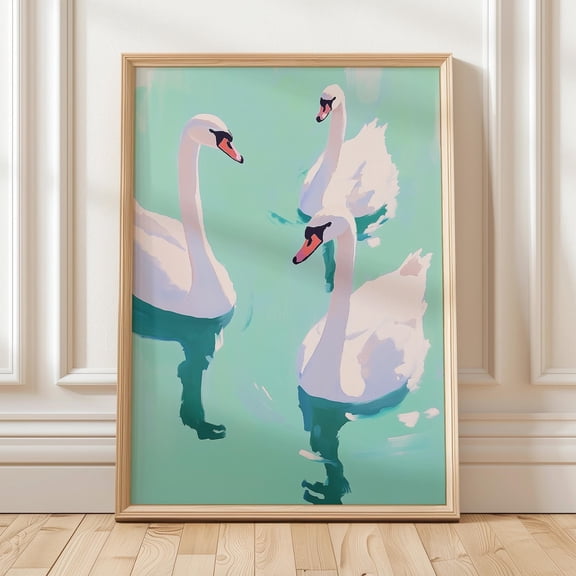 Swan Trio Wall Art, Serene Mint Green Abstract Print, Minimalist Modern Elegant Water Scene Wall Art, Modern Wall Decor, 24x36 UNFRAMED