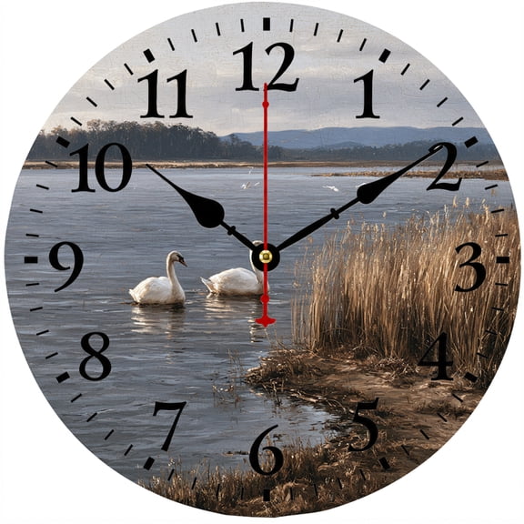 Swan Wall Clock, 9.84 Inch Battery Operated Analog Clock, Rustic Lake Nature Decor for Living Room Bedroom Kitchen Office