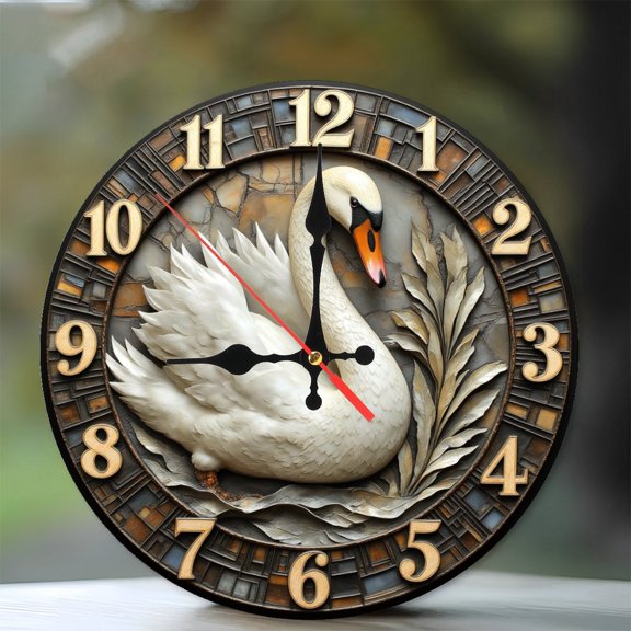 Swan Wall Clock Decor 10-Inch Silent Wooden Wall Clock, Battery Operated (AA Batteries Not Included), Artistic Home Decor