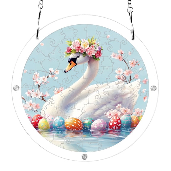 Swan Wearing Wreath Easter Eggs Acrylic Jigsaw Puzzles 83 Pieces Suncatcher for Window Hanging 7.5 Inch Holiday Home Decor