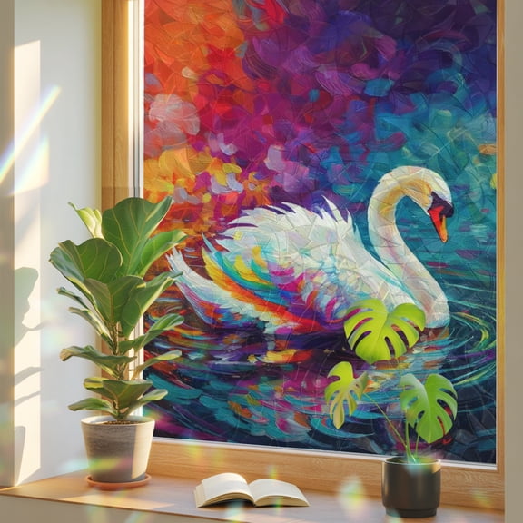 Swan Window Privacy Film, Ripples Colorful Reflection Lake Animals Nature Stained Glass Rainbow Film Decorative Window Clings, Static Cling Sun Blocking Stickers 23.6" x 59"