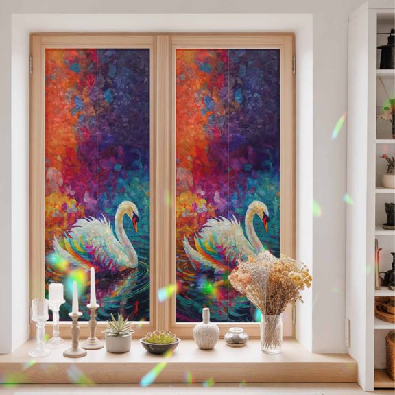 Swan Window Privacy Film Ripples Colorful Reflection Lake Animals Nature Static Cling Stained Glass Window Film Non-Adhesive Decorative Decals Rainbow Sticker 23.6"X59"