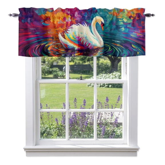 Swan Window Valance for Kitchen, Ripples Colorful Reflection Lake Animals Nature Rod Pocket Short Curtains for Bathroom Bedroom Small Window, Light Filtering Decorative Valances, 42 x 18 Inches