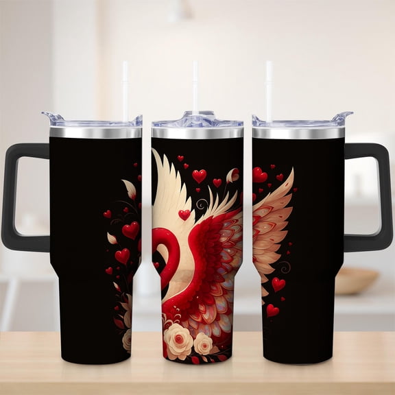 Swan Wing Heart Design Stainless Steel Insulation Mug with Lid and Handle, for mom, 30oz