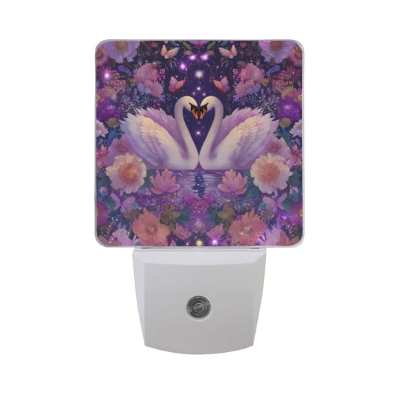 Swan in Love Beautiful Flowers Valentine LED Night Light Sensor Lamp Plug-in Adjustable Brightness 2 Pack