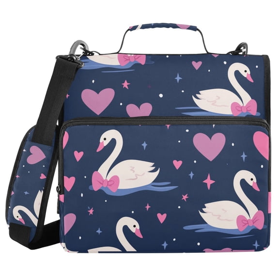 Swan with Pink Bows Hearts Valentine Binder Bag with Shoulder Strap 3 Ring Zipper Binder File Folder Document Storage