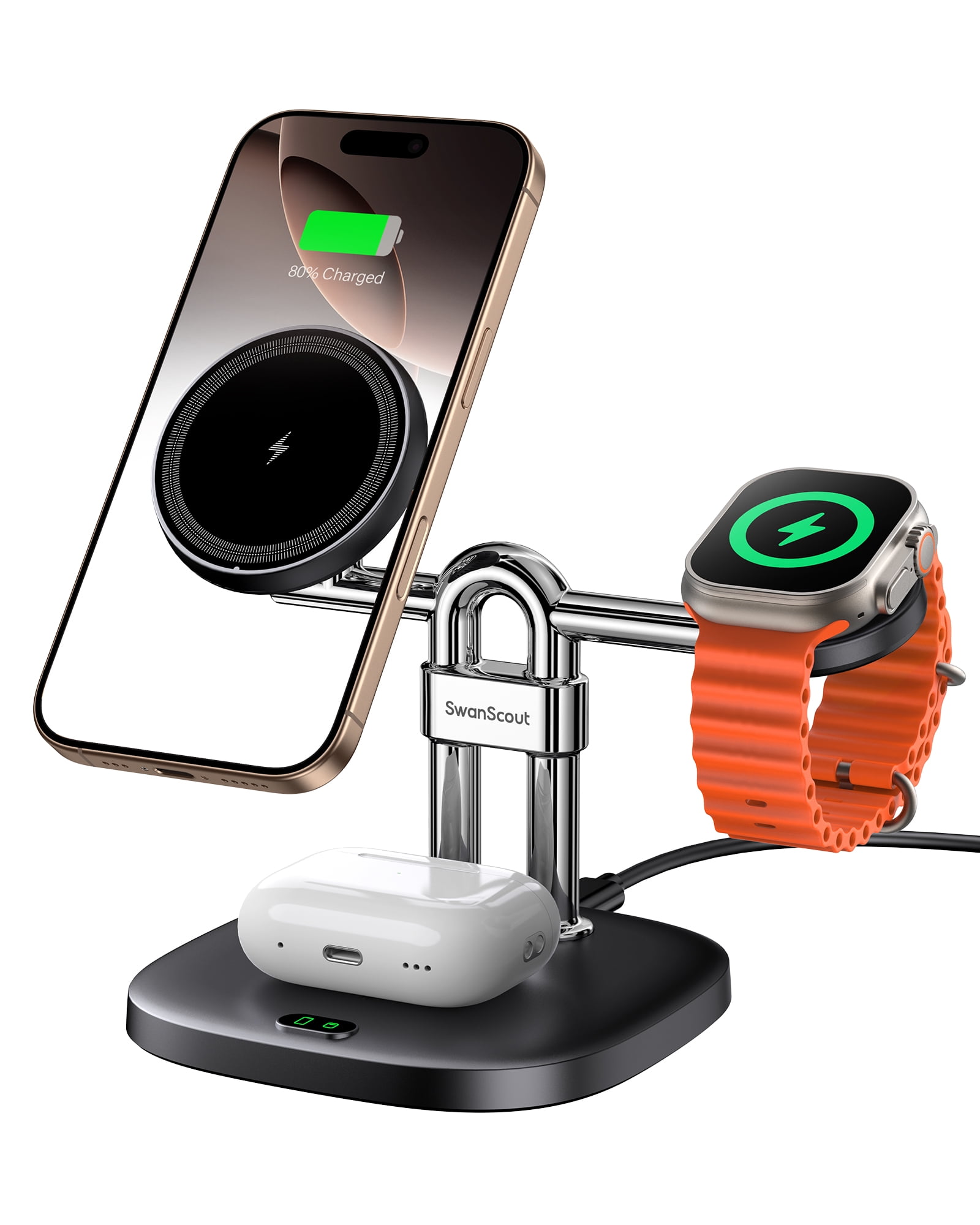 SwanScout 3 in 1 MagSafe Wireless Charger, for iPhone 17/Air/16/15/14/13/12 Series, for Apple Watch 11/10/9/8/7/SE 3/SE 2, Ultra 3/Ultra 2/Ultra, AirPods Pro 3/2, SwanScout 712M (No Adapter)