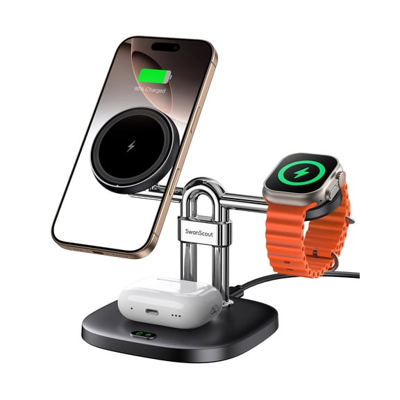 SwanScout 3 in 1 MagSafe Wireless Charger, for iPhone 17/Air/16/15/14/13/12 Series, for Apple Watch 11/10/9/8/7/SE 3/SE 2, Ultra 3/Ultra 2/Ultra, AirPods Pro 3/2, SwanScout 712M (No Adapter)