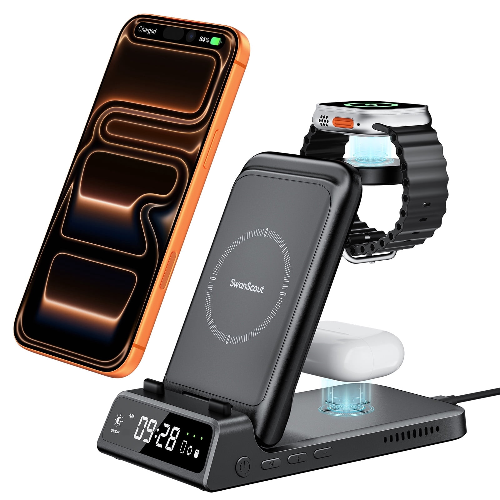 Charging Station for iPhone, SwanScout 703A, Wireless Charger for iPhone 17/Air/16/15/14/13/12/11 Series, for Apple Watch 10/Ultra 2/9/8/7/6/5/SE 2, for Airpods Pro 3/2, Foldable and Portable