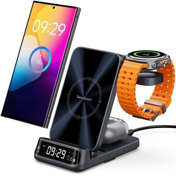 Wireless Charging Station for Samsung, 3 in 1 Wireless Charger for Samsung S25/S24/S23/S22/Z Flip 7/Z Fold, for Galaxy Watch 8/8 Classic/7/Ultra/6/5, Galaxy Buds 3/3 Pro, SwanScout 708S (NO Adapter)