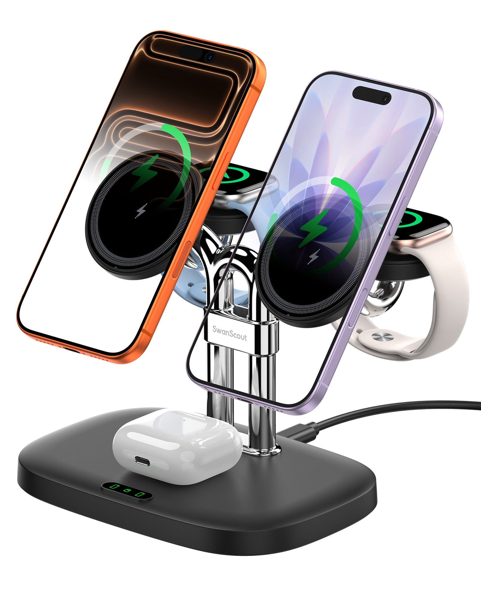 SwanScout Magnetic 5-in-1 Wireless Charging Stand for iPhone 17-12, Dual Phone & Dual Apple Watch Charger, 5W for Apple Watch Fast Charging Station, for Apple Watch Ultra/11-7 Series, SwanScout 902M