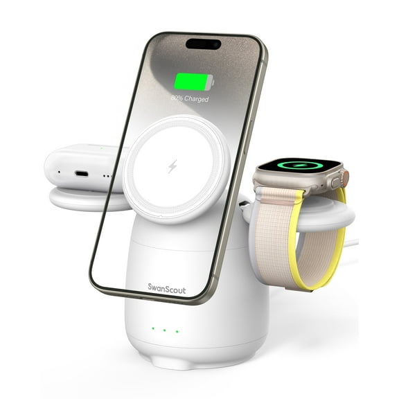 SwanScout Magnetic Charging Station, 3 in 1 Wireless Charger Stand for iPhone 16/15/14/13/12, for Apple Watch 2-9/SE 2, for AirPods 4, SwanScout 707M, White (No Adapter)