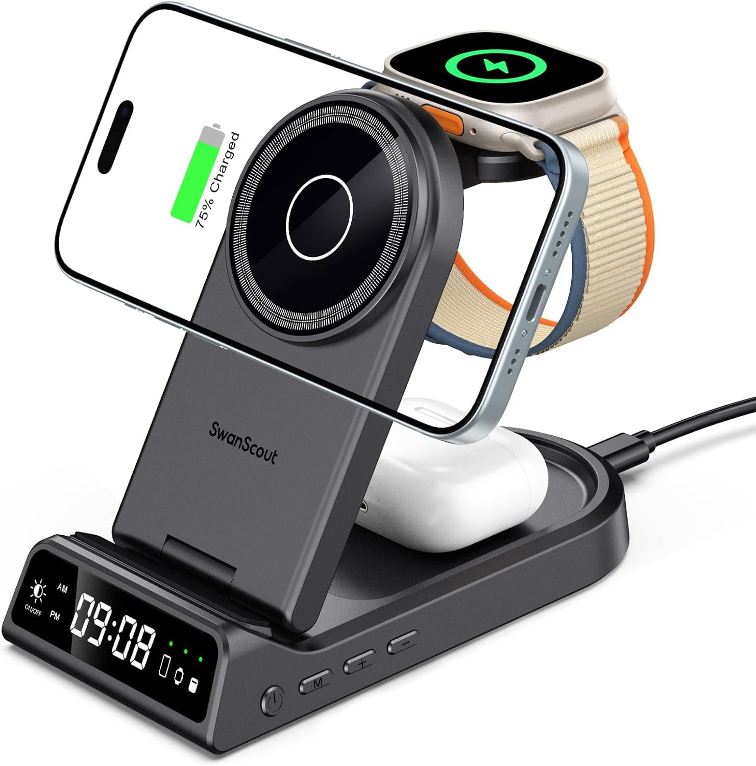 Wireless Charger for iPhone, SwanScout 702M, 3 in 1 Magnetic Charger for iPhone 15/14/13/12 Series, for Apple Watch Ultra 2/9/8/7 & for AirPods Pro 2/Pro/3 (Foldable, with Clock)