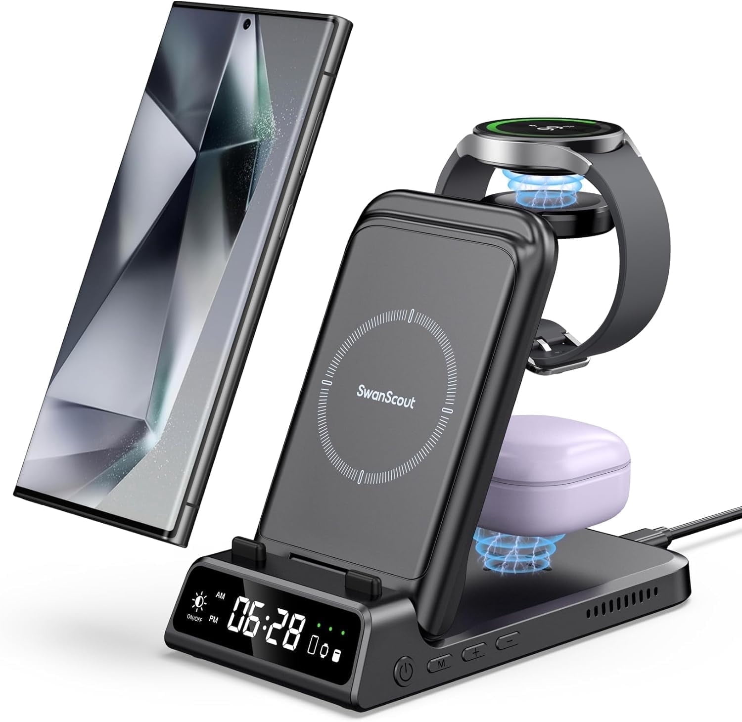 SwanScout Charging Station for Samsung, Wireless Charger for Galaxy S26 Ultra/S26+/S26/S25 Ultra/S25/S24/S23/S22, Galaxy Watch 8/8 Classic/Ultra/7/6/5, Galaxy Buds 3 Pro/3, SwanScout 703S(No Adapter)