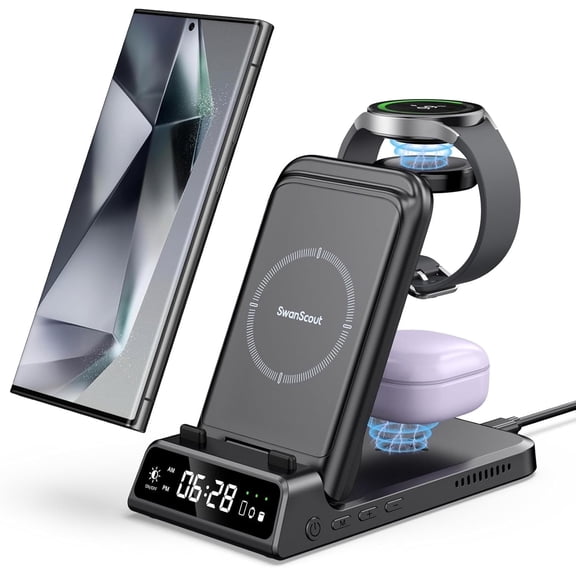 SwanScout Charging Station for Samsung, Wireless Charger for Galaxy S26 Ultra/S26+/S26/S25 Ultra/S25/S24/S23/S22, Galaxy Watch 8/8 Classic/Ultra/7/6/5, Galaxy Buds 3 Pro/3, SwanScout 703S(No Adapter)