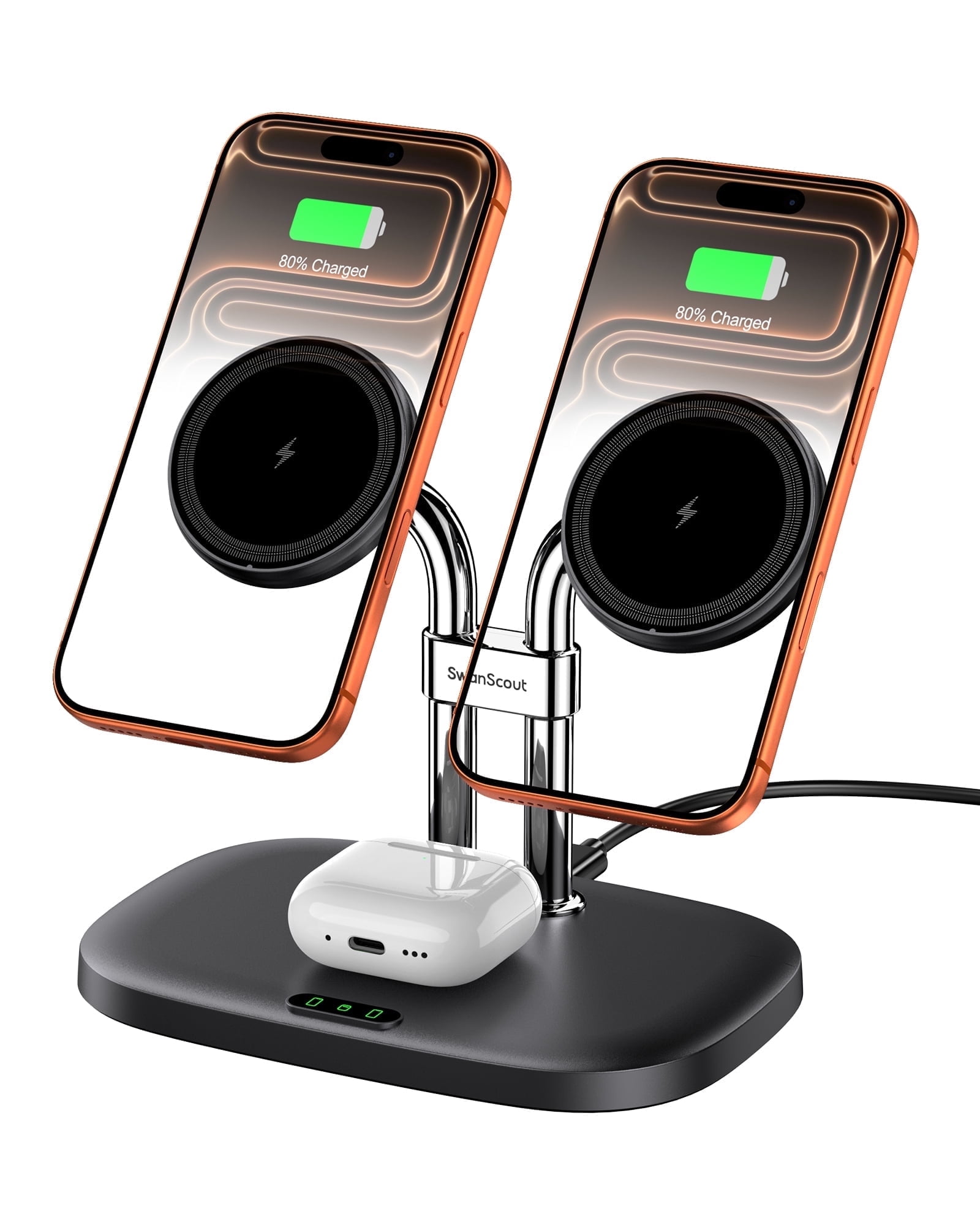 SwanScout Wireless Charger for iPhone 16 Series, Dual Magnetic Charger for iPhone 15/14/13/12 Series, Charging Station for Airpods 4/Airpods Pro 2/3, SwanScout 706M