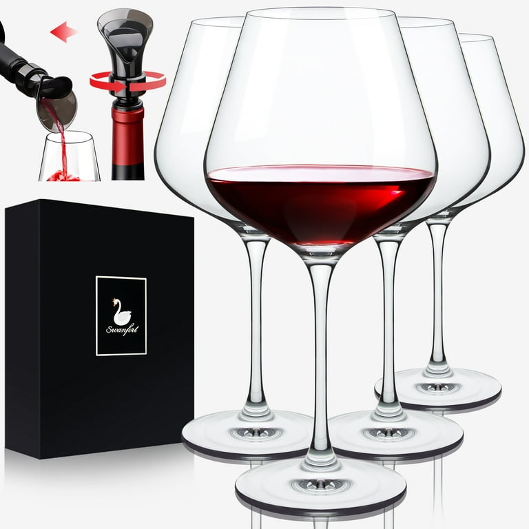 Swanfort Red Wine Glasses Set of 4, Extra Large Stemmed Wine Glasses 23 oz, with Creative 2 in 1 Wine Stopper and Pourer, Burgundy Wine Glasses in
