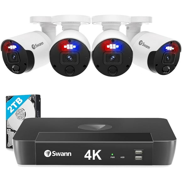 Swann Swann 4K UHD Home Security Camera System, 8 Channel NVR with 2TB, 4 Indoor Outdoor Bullet IP Cameras, PoE Cat5e Wired, Video Analytics, 2-Way Audio