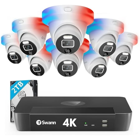 Swann - Pro Enforcer 8-Channel, 8-Dome Camera Indoor/Outdoor PoE Wired 4K UHD 2TB HDD NVR Security Surveillance System - White