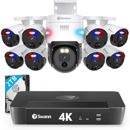 Swann - Professional 16-Channel 8-Bullet 1-Pan&Tilt Camera, Indoor/Outdoor, 4K UHD, 2TB NVR Security Surveillance System - White