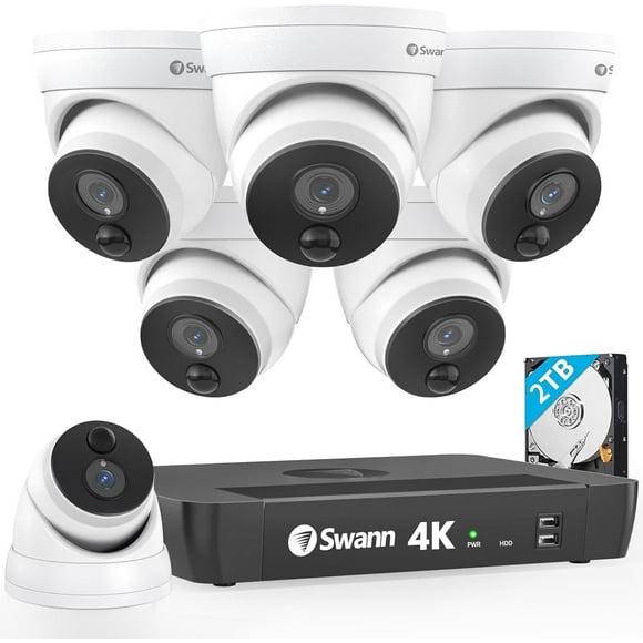 Swann SWANN Home Security Camera System with 2TB HDD, 8 Channel 6 Dome Cameras, PoE Cat5e NVR 4K HD Video, Indoor & Outdoor Wired Surveillance CCTV