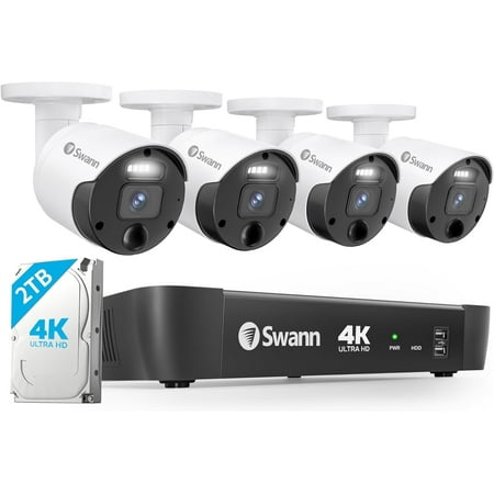 Swann - Master Series 4K Upscale, 8-Channel, 4-Camera, Indoor/Outdoor PoE Wired 4K 2TB HDD NVR Security Surveillance System - White