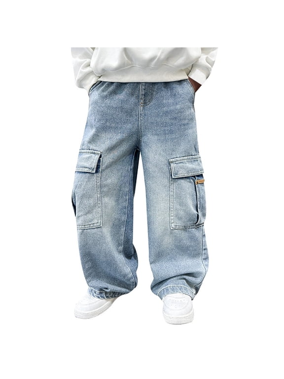 Baggy Jeans Boys for Kids Casual Straight Wide Leg Cargo Jeans Y2K Boys Pants Elastic Waist Denim Pants with Pockets