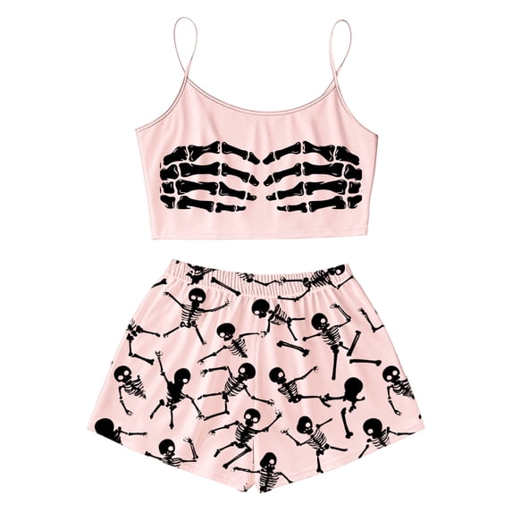 Swanpen Halloween Pajamas Women Silk 2 Piece Cami Top Shorts Set Skeleton Print Sleeveless Sleepwear Loungewear Halloween Gifts