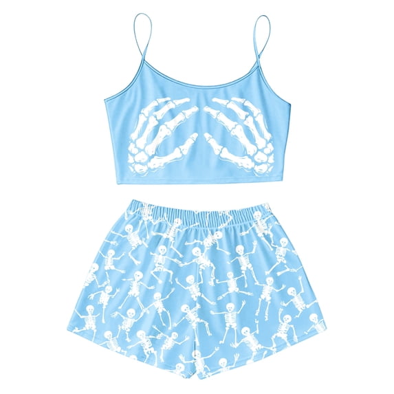 Swanpen Halloween Pajamas Women Silk 2 Piece Cami Top Shorts Set Skeleton Print Sleeveless Sleepwear Loungewear Halloween Gifts