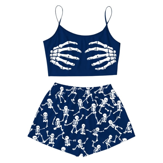Swanpen Halloween Pajamas Women Silk 2 Piece Cami Top Shorts Set Skeleton Print Sleeveless Sleepwear Loungewear Halloween Gifts