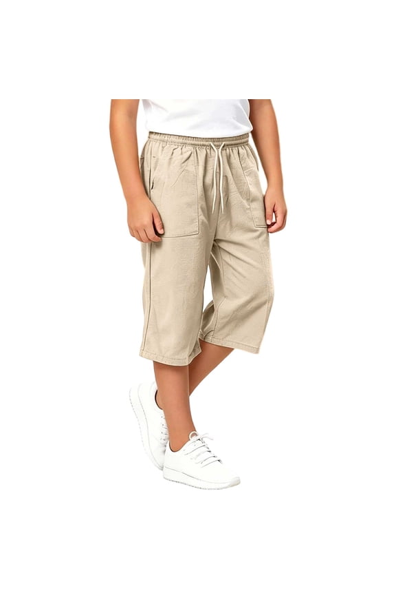 Kids Cropped pants Linen Drawstring Capri Pants 5-12Y Loose Straight Leg Casual Trousers for Boys Girls Multi Color