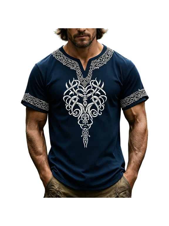Men's Viking Norse Mythology T-Shirt, V Neck Short Sleeve Graphic Tee, Vintage Celtic Knot Casual Top for Daily Theme Party,Dark Blue