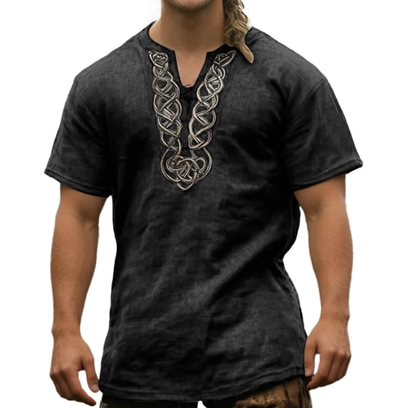 Swanpen Men's Viking Norse Mythology T-Shirt, V Neck Short Sleeve Graphic Tee, Vintage Celtic Knot Casual Top for Daily Theme Party,Black