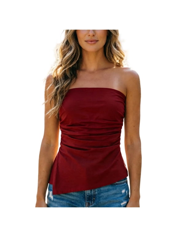 Summer Strapless Tops For Women Ruffled Asymmetrical Hem Tube Tops Ruched Bandeau Cami Tanks