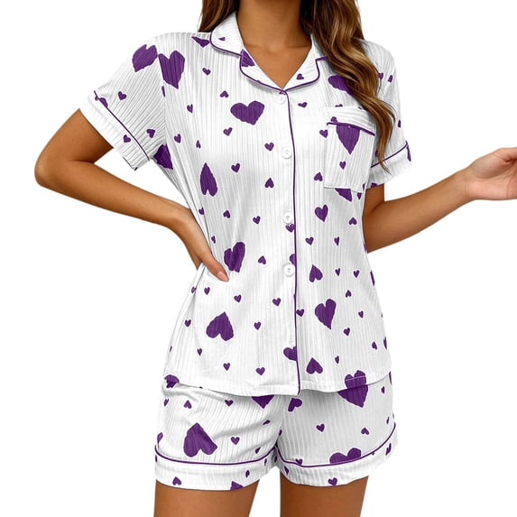 Swanpen Women's Heart Print Ribbed Pajama Button Front Short Sleeve Set Lapel Top with Matching Shorts for Summer Home Wear