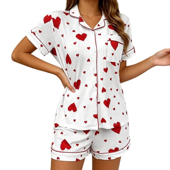 Swanpen Women's Heart Print Ribbed Pajama Button Front Short Sleeve Set Lapel Top with Matching Shorts for Summer Home Wear
