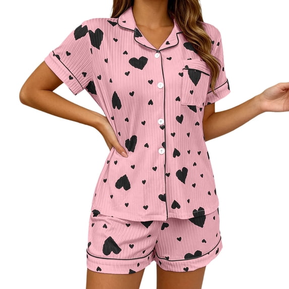 Swanpen Women's Heart Print Ribbed Pajama Button Front Short Sleeve Set Lapel Top with Matching Shorts for Summer Home Wear