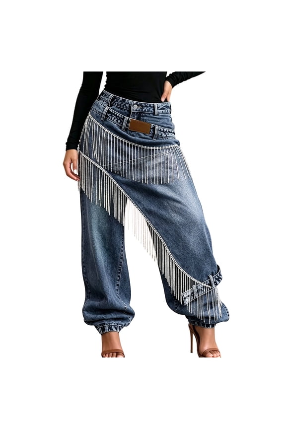 Women's High Waist Baggy Jeans, Trendy Streetwear Denim Pants with Rhinestone Fringe