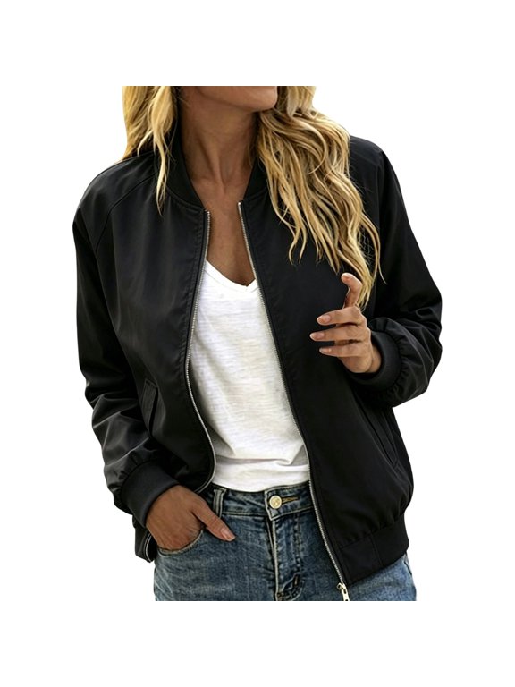 Women's Jacket Bomber baseball jacket Zip Up Long Sleeve Casual Fall Coat Windbreaker with Pockets,Black