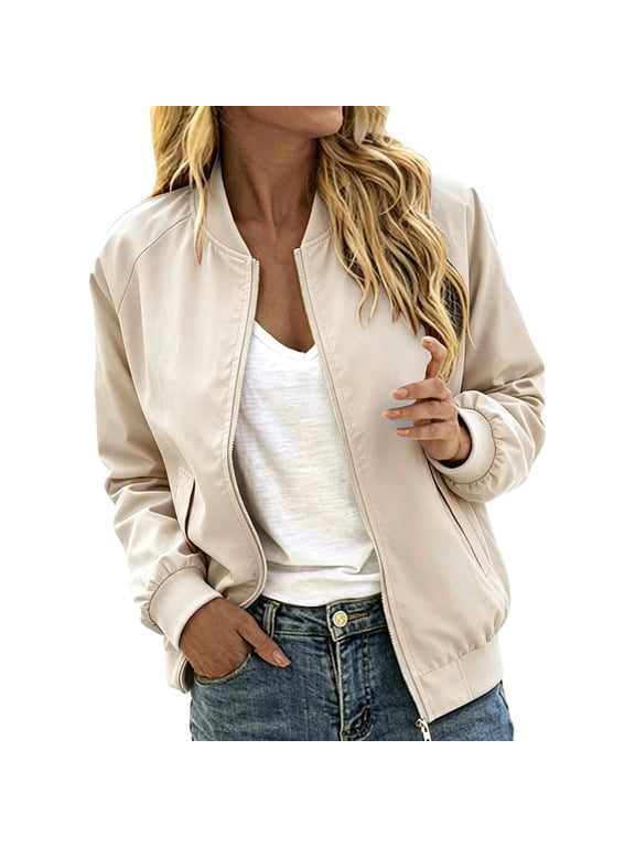 Women's Jacket Bomber baseball jacket Zip Up Long Sleeve Casual Fall Coat Windbreaker with Pockets,Khaki